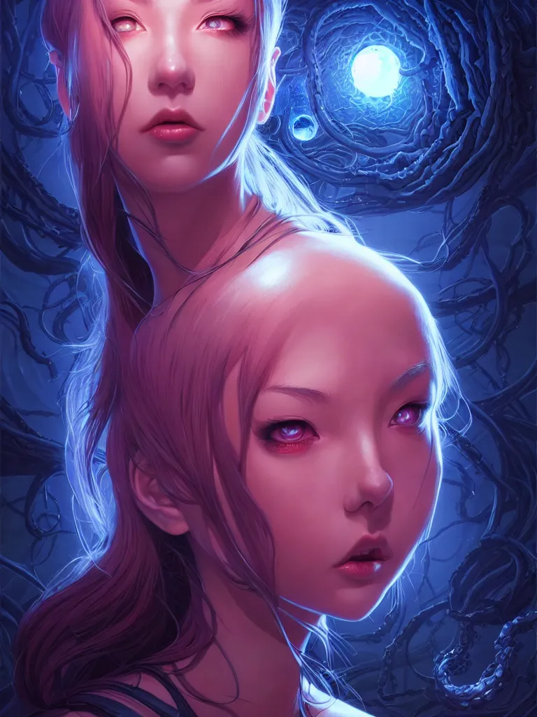 Image similar to azathoth girl save the earth, occlusion shadow, specular reflection, rim light, unreal engine, artgerm, artstation, art by hiroaki samura and ilya kuvshinov and ossdraws, intricate, highly detailed 8 k, cosmic horror illustration, extremely beautiful and aesthetic shape of face and body, movie poster