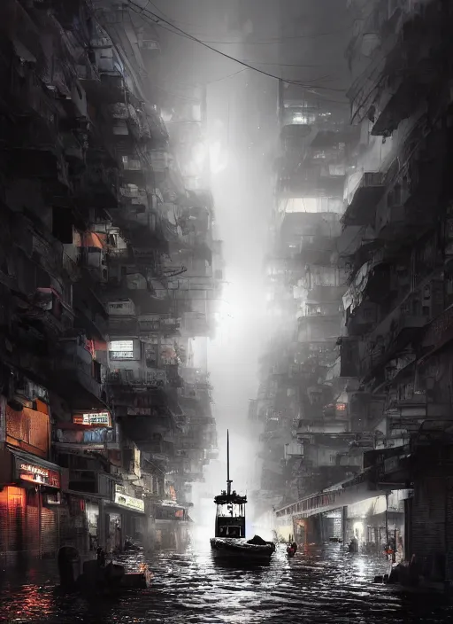 Image similar to dramatic Photorealistic, Matte Painting of a tug boat with bright head lights exploring a busy post apocalyptic deep flooded Hong Kong city street at night,dark Tall buildings by Greg Rutkowski,Craig Mullins,Hyperrealism,Beautiful dramatic moody lighting,Cinematic Atmosphere,volumetric,Octane Rendering,8K