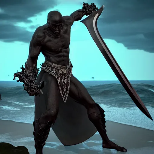 Image similar to A powerful handsome broad shouldered necromancer of jet black skin holding an exquisite sword standing at a distance. He gazes by the stormy sea and oozes extreme power and magic. Whole scene is powerful and magical and stunning to watch. Aesthetic!!!!!!, Unreal engine, 8k, trending on artstation, sharp focus, highly detailed, concept art, ultra HD, intricate, elegant,