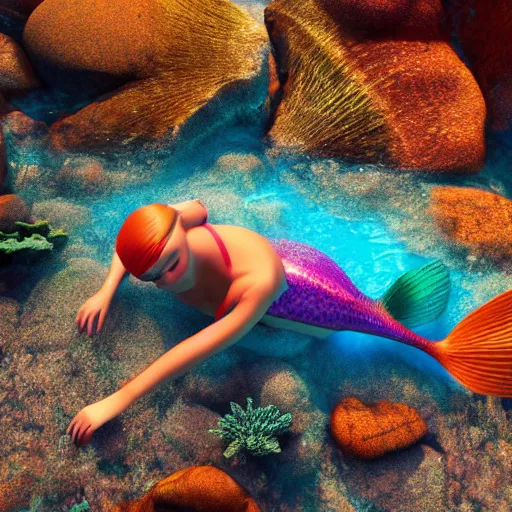 Prompt: a mermaid swimming under water with rocks and seaweed on the sea floor, colourful, realistic, artstation,, up lights, octane render,