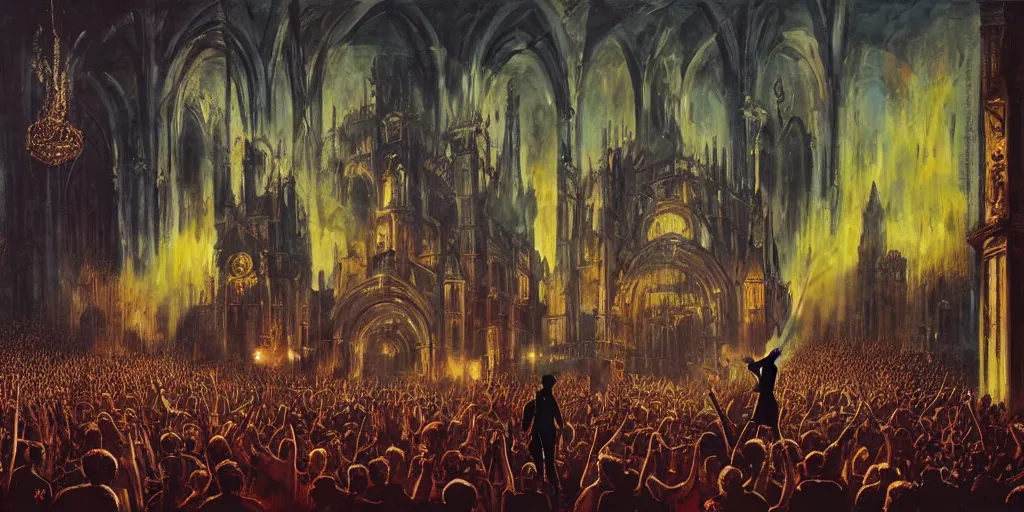 Image similar to Rammstein performing live on stage, 19th century cathedral style with lights and large sound speakers, by Megan Duncanson and Raphael Lacoste, detailed 3d gothic oil painting