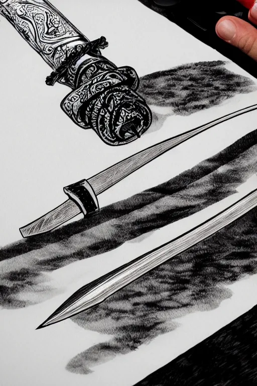 Image similar to intricate, realistic ink drawing of a katana sword in a splash of ink, centered, fully visible 8 k