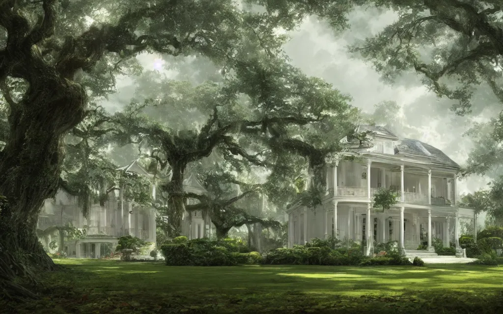 Image similar to a white manor house on a lush southern plantation with a tree-lined driveway, romanticism, hyperdetailed, artstation, cgsociety, 8k, masterpiece, sharp