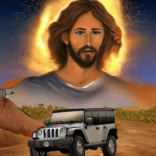 Image similar to jesus with a machine gun riding a jeep, explosions in the background