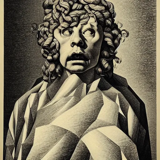 Prompt: lithography on paper conceptual figurative post - morden monumental dynamic portrait by goya and escher and hogarth, illusion surreal art, highly conceptual figurative art, intricate detailed illustration, controversial poster art, polish poster art, geometrical drawings, no blur