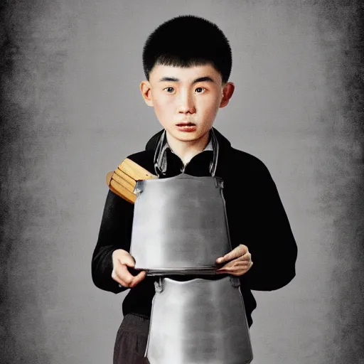Image similar to dramatic portrait of chinese boy buzz cut, holding a cooking pan, digital painting