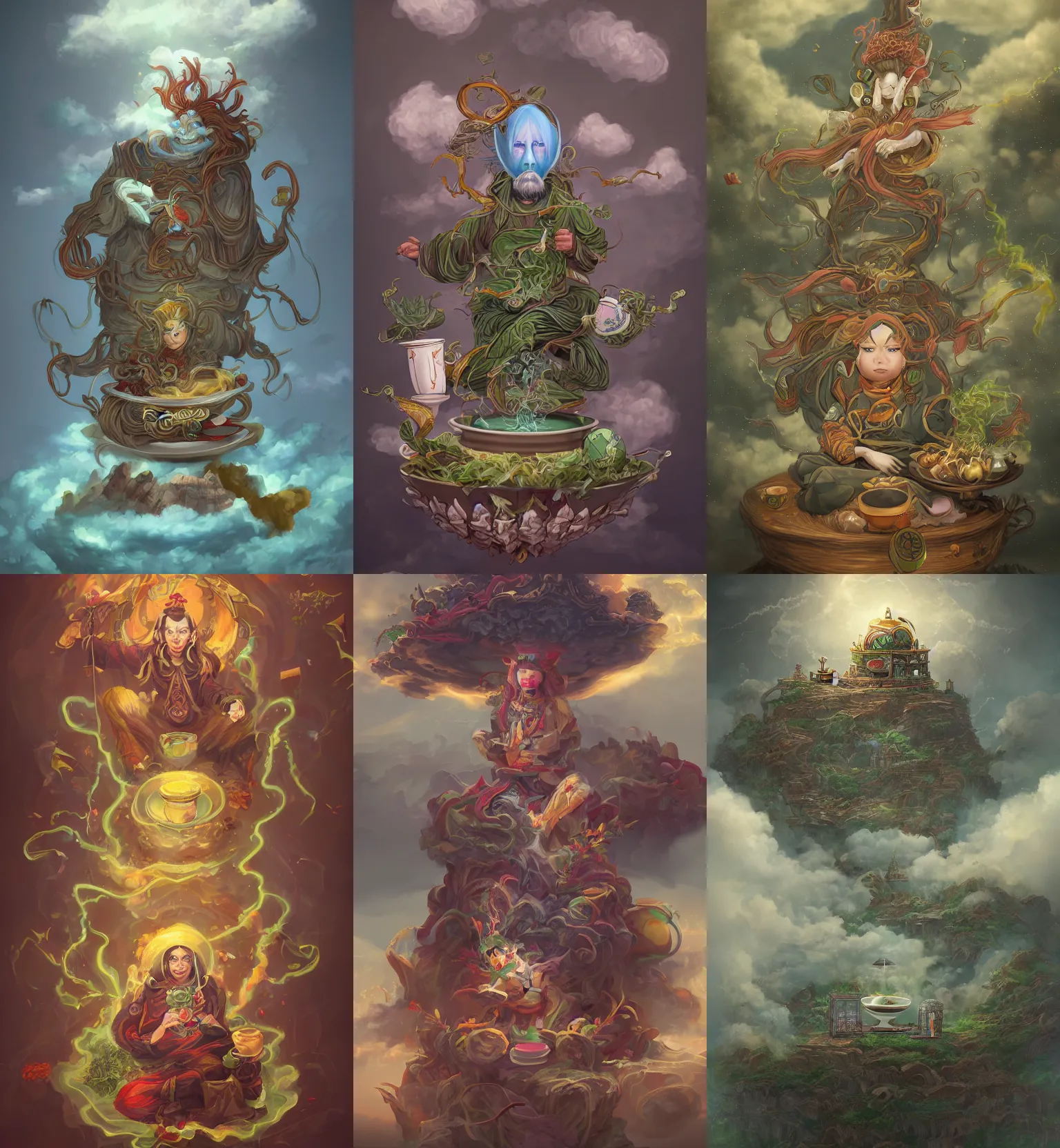 Prompt: Atomic Wizard God of Tea and Tea-leaves and Clouds, detailed award-winning digital 2d fantasy art, trending on ArtStation