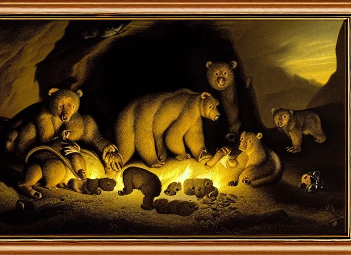 Image similar to Pieter Claesz's 'bear and her cubs sleeping in a dark cave lit by campfire', night time, cross hatching, framed