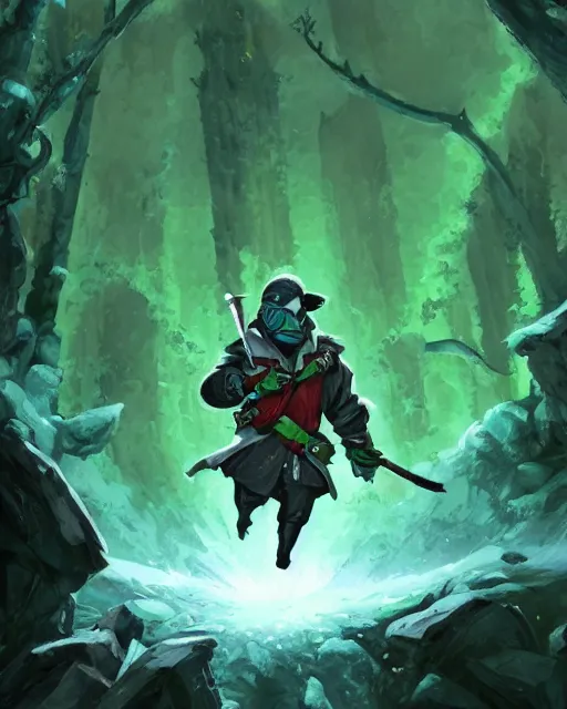 Image similar to Pengolin rogue, green, forest background, magic the gathering artwork, D&D, fantasy, cinematic lighting, centered, symmetrical, highly detailed, digital painting, artstation, concept art, smooth, sharp focus, illustration, volumetric lighting, epic Composition, 8k, art by Akihiko Yoshida and Greg Rutkowski and Craig Mullins, oil painting, cgsociety