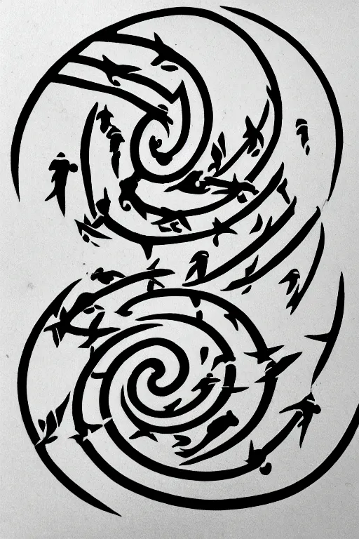 Prompt: a simple tattoo design of flying birds in a 8 shape spiral, black ink, logo