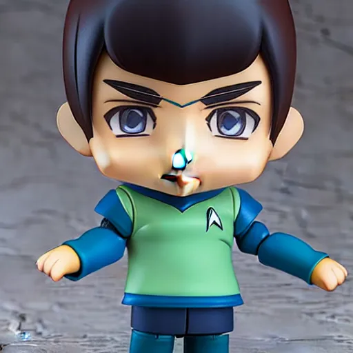 Image similar to spock from the tv series star trek as an anime nendoroid, serious look, pointed ears, spock haircut, starfleet uniform, detailed product photo