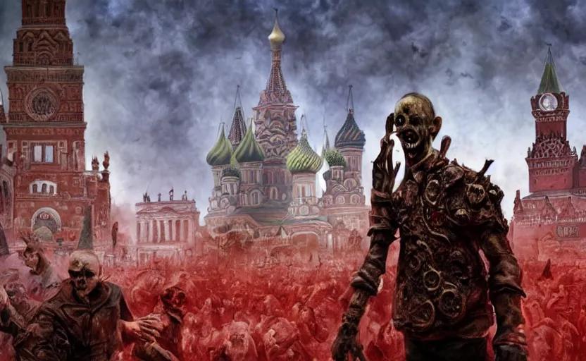 Image similar to zombie Putin on the Red Square, fantasy, intricate, сinematic lighting, insanely detailed, smooth, sharp focus, Artstation, 8k, unreal engine, hyper realistic, steampunk style, bright background, moonlight, volumetric lighting, wallpaper, digital illustration by Ruan Jia and Mandy Jurgens and Artgerm and Wayne Barlowe and Greg Rutkowski and Zdislav Beksinski