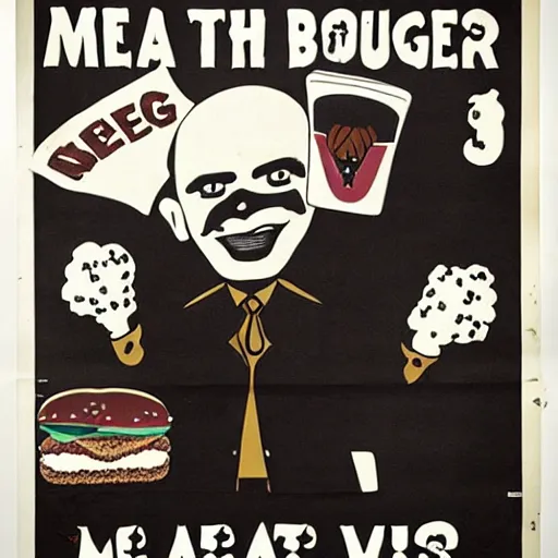 Prompt: old poster of a vampire holding a big meaty burger