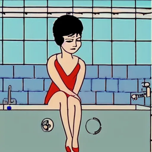 Prompt: short blue haired woman, tied kidnapped in tile bathroom, american pop ( 1 9 8 1 ) animation