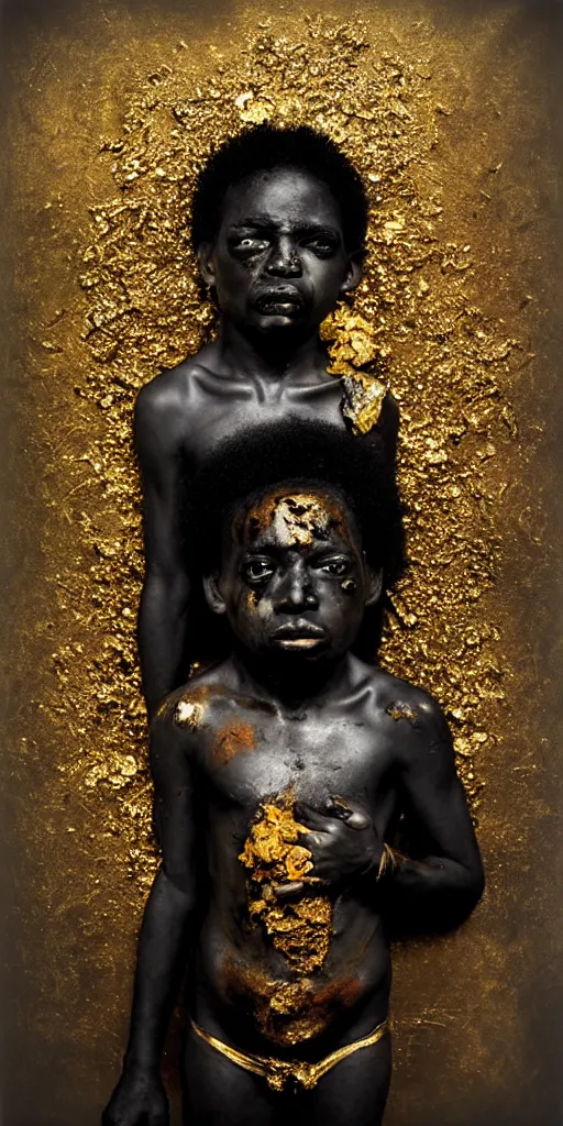 Prompt: award winning photo of black baby draped in shiny gold and puking blood, rotten flesh, flowers, vivid colors, weird and disturbing, symmetrical face, beautiful eyes, studio lighting, wide shot art by sally mann & arnold newman