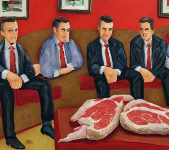 Image similar to oil painting of couch made out of meat, business men sitting on couch of meat and talking,