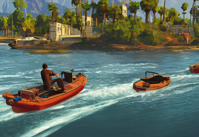 Image similar to A Grand Theft Auto 5 cover style illustration, extremely detailed featuring a river in Europe, surrounded by trees and fields. A dinghy is slowly moving through the water. Sun is shining.