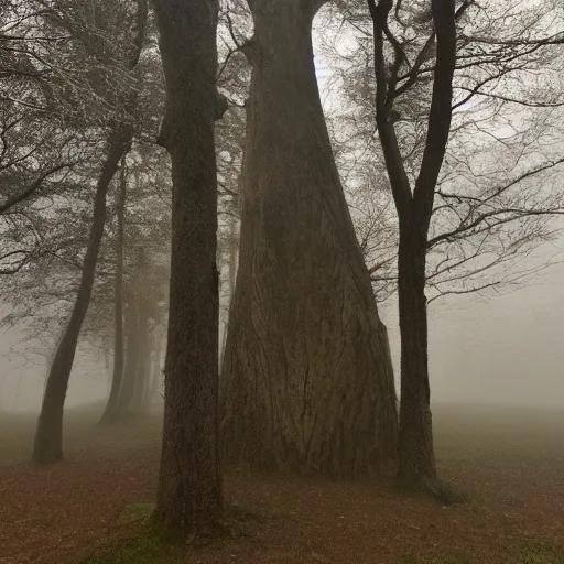 Prompt: a tree with a face in the bark, in a foggy forest, liminal spaces, eerie