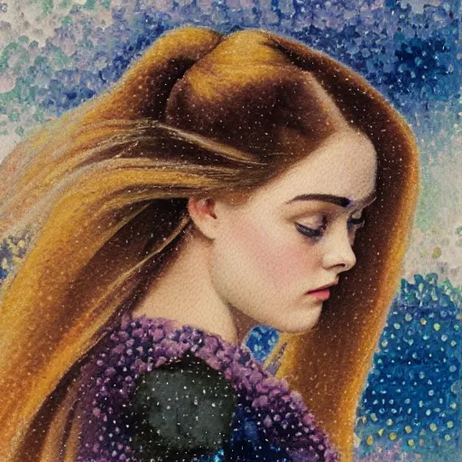 Image similar to professional painting of Elle Fanning in the style of Henri-Edmond Cross, head and shoulders portrait, symmetrical facial features, smooth, sharp focus, illustration, intricate, stormy weather, extremely detailed masterpiece,