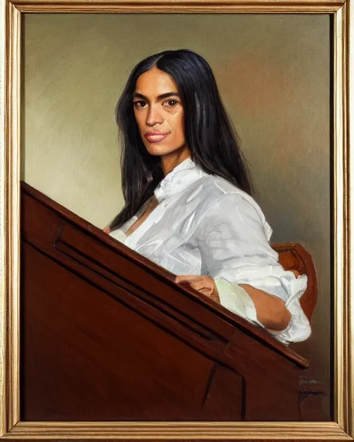 Prompt: official close - up portrait of the united states president, alexandria ocasio - cortez, resolute desk, 1 8 4 8, oil on canvas by william sidney mount, trending on artstation, national archives