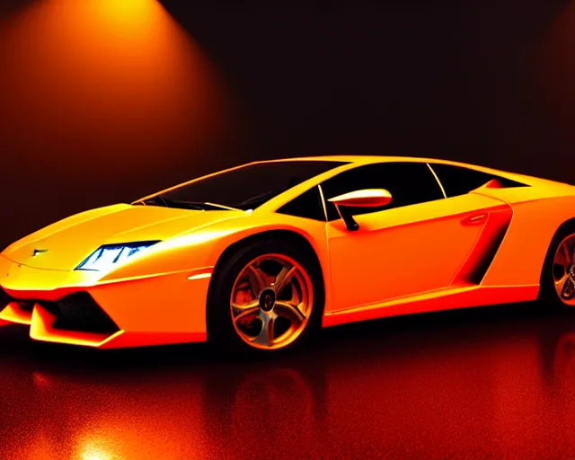 Image similar to a neon orange glow underneath a dark grey lamborghini countache, volumetric lighting, 4 k hyperrealengine, global illumination