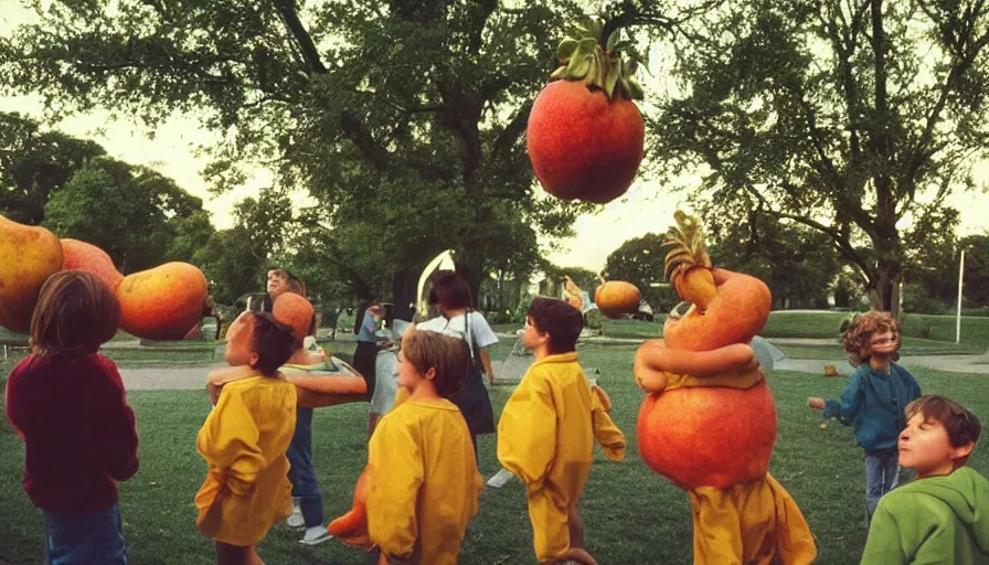 Prompt: 1990s candid photo of a beautiful day at the park, cinematic lighting, cinematic look, golden hour, large personified fruit people, Enormous fruit people with friendly faces and hands, kids talking to fruit people, did I mention the fruit people enough? UHD