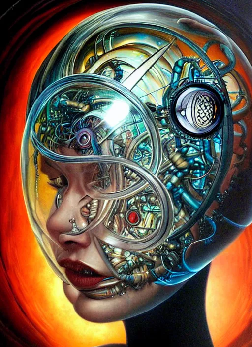 Prompt: biopunk cyborg portrait by julie bell, intricate biopunk patterns, glass bubble helmet, underwater, detailed!, very sharp!!!