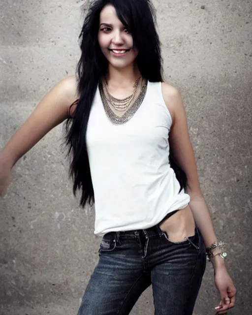 Image similar to a half body photo of a beautiful Young female with long disheveled black hair, beautiful and smiling, sweet looks, white skin and reflective eyes, black tank top, black leather shiny jeans, an ankh necklace white colors in the background, 500px photos, top cinematic lighting , cinematic mood, very detailed, shot in canon 50mm f/1.2