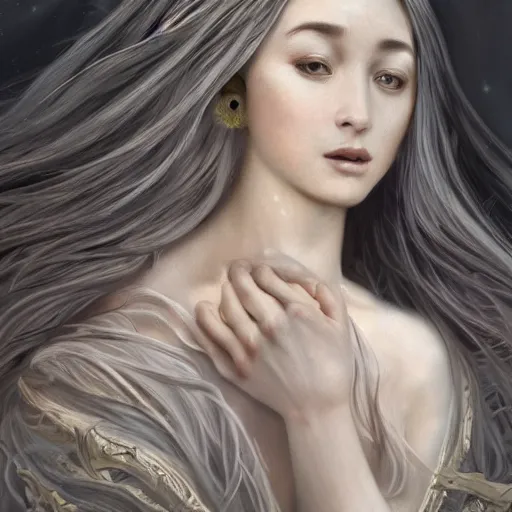 Image similar to epic portrait moon goddess, beauty, pretty face, glossy skin, long gray flowing hair, blurry backround pyramids, digital painting, artstation, concept art, soft light, hdri, smooth, sharp focus, illustration, fantasy, intricate, elegant, highly detailed, D&D, matte painting, in the style of Greg Rutkowski and Alphonse Mucha and artemisia, 8k, highly detailed, jurgens, rutkowski, bouguereau, pastoral, rustic, georgic