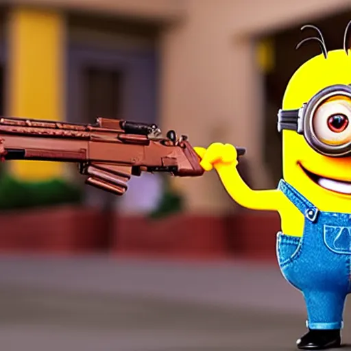 Image similar to mcdonald happy meal mascot and minions in a gunfight