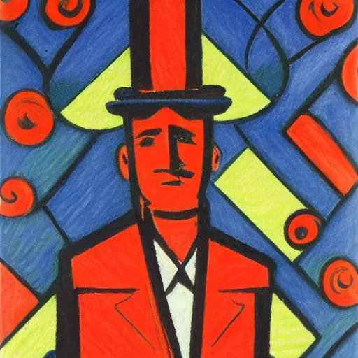 Image similar to precise by louis valtat navajo red, zoetrope. a drawing of a suit. the man's eyes are closed & he has a serene, content look on his face. his arms are crossed in front of him & is floating in space. background is swirling with geometric shapes & patterns.