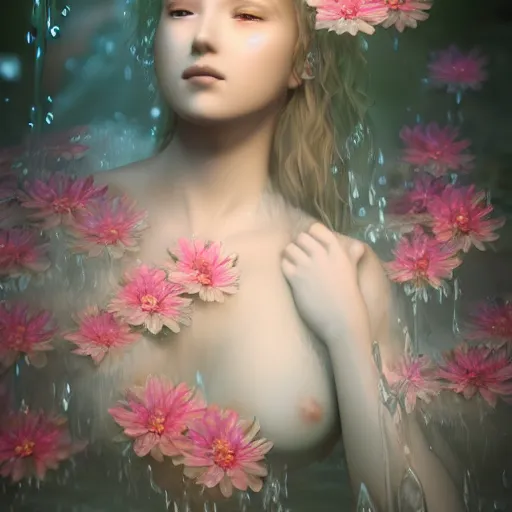 Prompt: ultra realistic 3 d render of a gorgeous goddess made of water and blooming flowers rising out of the water dripping by charlie bowater and farid ghanbari, beautiful, bioluminescent, ethereal, waterfall, intricate, elegant