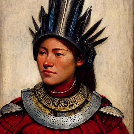 Prompt: head and shoulders portrait of a female knight, quechua!, cuirass, tonalist, symbolist, realistic, baroque, detailed, modeled lighting, haggard, vignetting, indigo and venetian red, angular, shocked, eagle