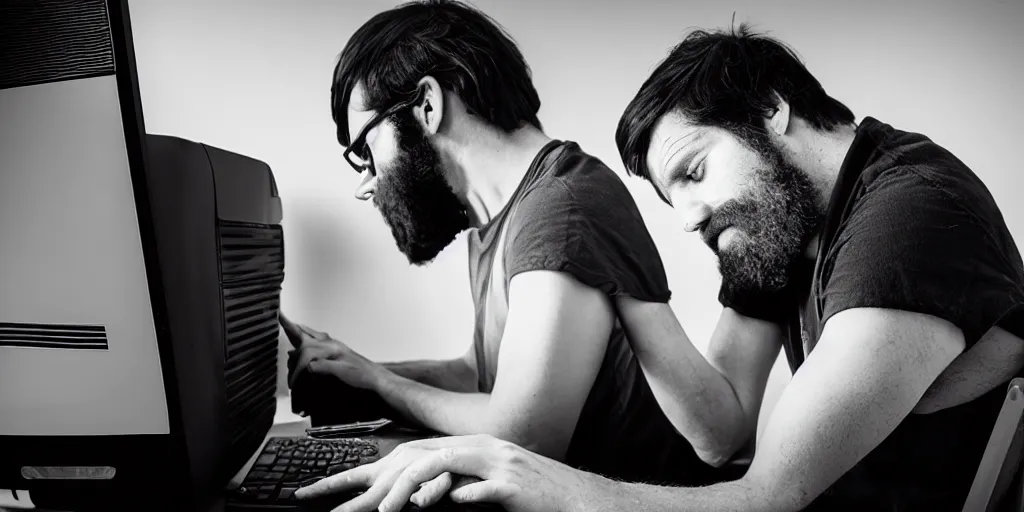 Prompt: black and white photo of hangover man behind computer and sad kid staying near the man. artgerm