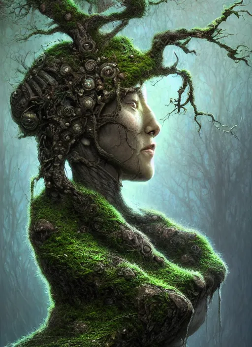 Image similar to Portrait of an Ancient Stone Robot with a tree growing out of her head, patches of moss, translucent leaves, extremly detailed digital painting, in the style of Tomasz Alen Kopera and Fenghua Zhong and Peter Mohrbacher, mystical colors, rim light, beautiful lighting, 8k, stunning scene, raytracing, octane, trending on artstation