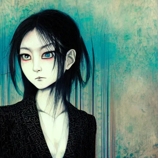 Image similar to yoshitaka amano blurred and dreamy three quarter angle portrait of a young woman with white hair and black eyes wearing dress suit with tie, playstation 2 horror game, junji ito abstract patterns in the background, satoshi kon anime, chungking express color palette, noisy film grain effect, highly detailed, renaissance oil painting, weird portrait angle, blurred lost edges