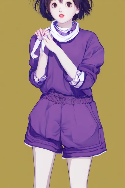 Image similar to Portrait of Eunha from Viviz and gFriend with short hair wearin purple overall shorts, short puffy pants, white tights, Golden Ribbon, and a billowy scarf. masterpiece 4k digital illustration, award winning, Artstation, intricate details, realistic, panoramic view, Hyperdetailed, 8k resolution