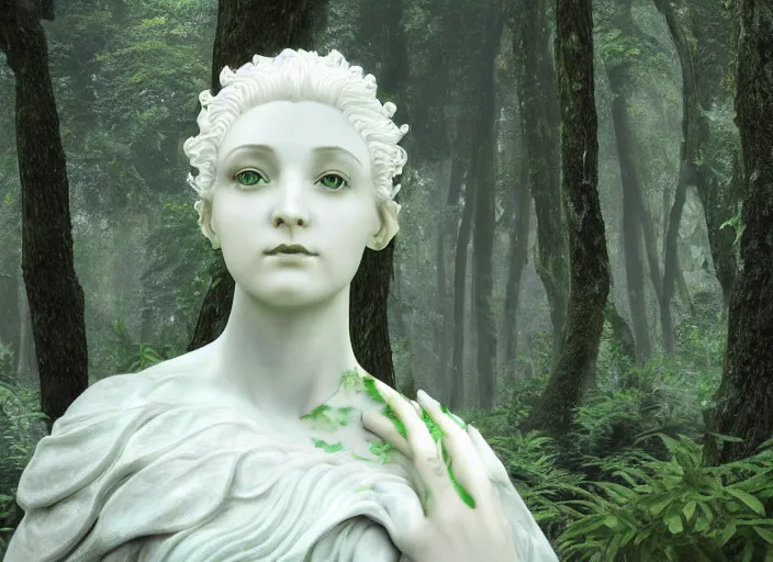 Prompt: a portrait of idealistic marble statue with fractal flowery hair and white fair porcelain face and green eyes, in a magical forest, matte painting, painted by, mc escher, gordon onslow ford, georgia o'keeffe and ivan aivazovsky, cinematic light, god rays, colourful, unreal engine, zbrush central,