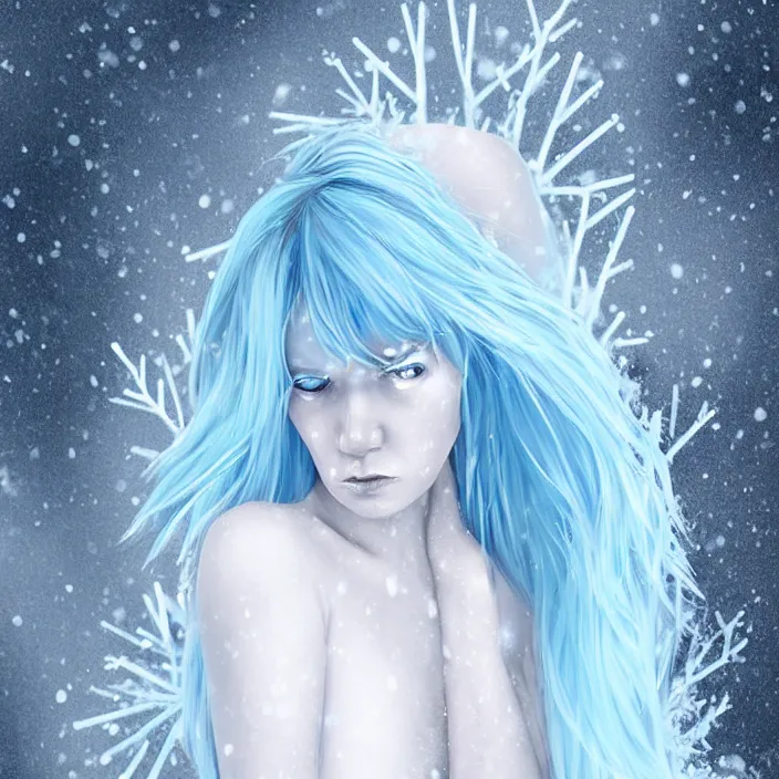 Image similar to full body portrait of a woman dying of hypothermia, with very white skin and pale blue hair wearing a long white dress made out of snowflake in the middle of a heavy snowstorm. sickly looking. digital art by maromi sagi