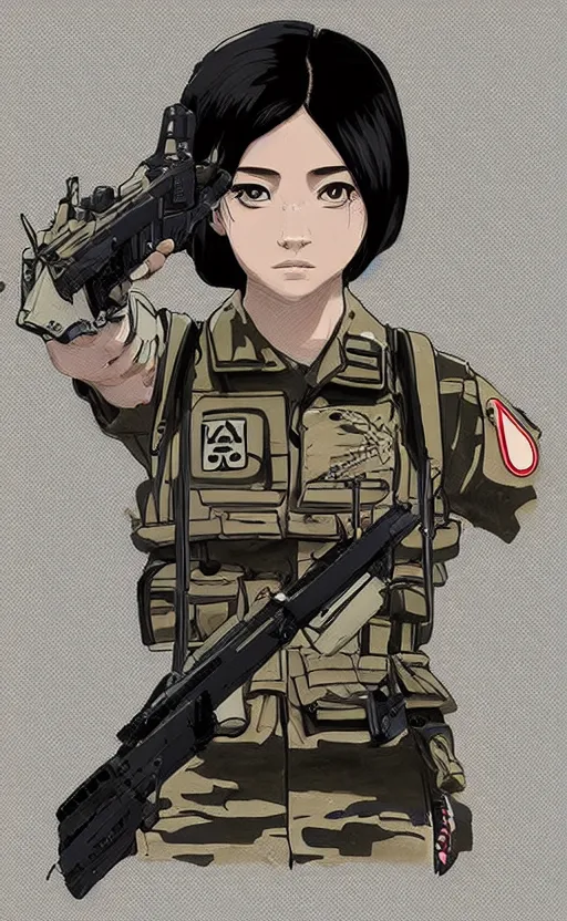 Image similar to T-shirt design, portrait of soldier girl, 2022 anime style, clean logo, graphic templates, flight squadron insignia, no text, soldier clothing, realistic military gear, inspired by shirt designer, made in blender, no background, vector line art, by ilya kuvshinov, trending on teemill, symbology, realistic human anatomy, high resolution, matte, empty hands, realistic military carrier