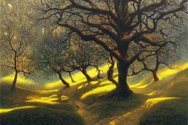 Image similar to masterpiece painting of oak trees on a hillside overlooking a creek, dramatic lighting, by daniel merriam