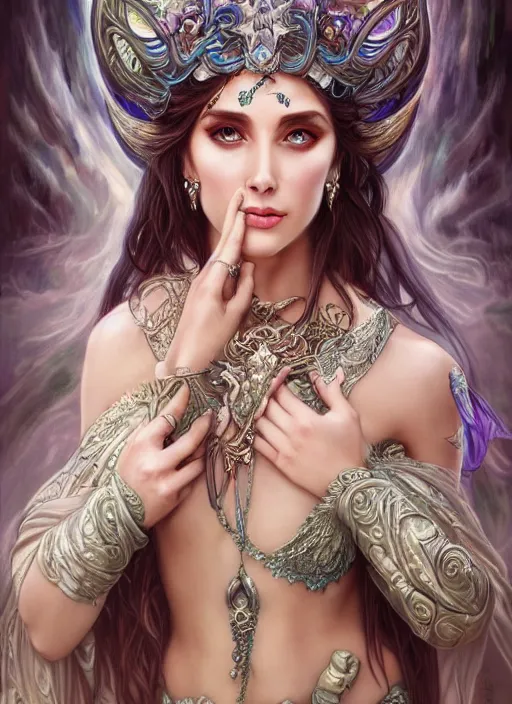 Image similar to Tyrande Whisperwind as a Greek Goddess, beautiful detailed eyes, cute, fantasy, intricate, elegant, highly detailed, digital painting, 4k, HDR, concept art, detailed jewelry, smooth, sharp focus, illustration, art by Artgerm, H R Giger and Alphonse Mucha