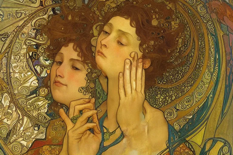 Image similar to the annunciation oil painting cross between the styles of alphonse mucha and gustav klimt gold leaf, intricate detailed,