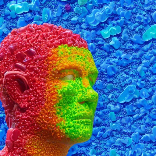 Prompt: a realistic human head sculpture made out of tons of gummy bears on the surface of the ocean, giant sculpture, in the style of chad knight, long shot, hyper detailed, hyper realistic, ray tracing, 8 k resolution, sharp focus, realistic water, award winning