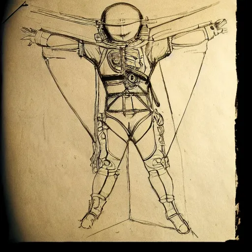 Image similar to steampunk flight suit, Leonardo da Vinci sketch,