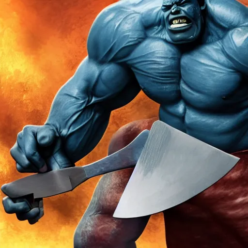 Image similar to a blue hulk holding a giant meat cleaver, blue skin, muskular, artwork, cinematic, mystic, highly detailed