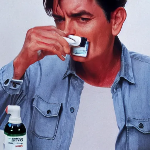 Image similar to charlie sheen sniffing spray-paint