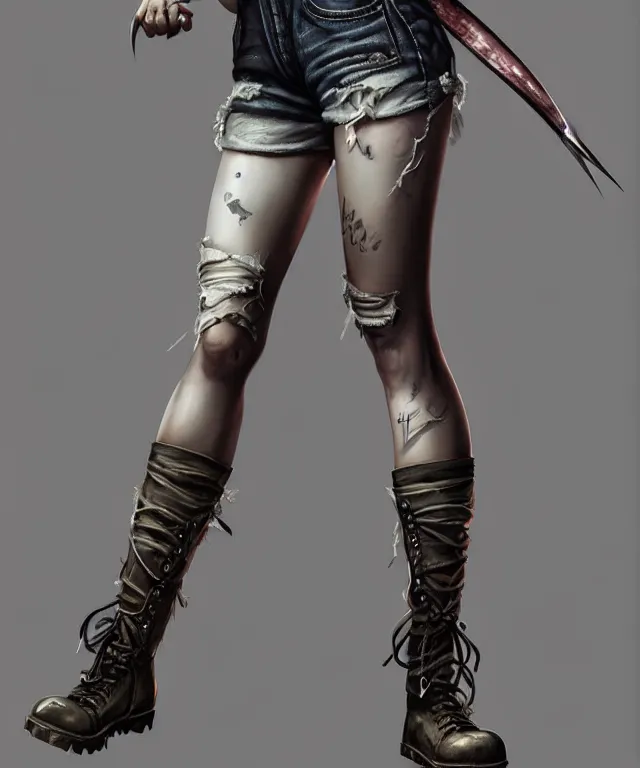 Prompt: full body pose, grungy ciri, torn overalls, short shorts, combat boots, fishnets, beautiful, highly detailed face, true anatomy!, extremely detailed!, digital painting, unreal engine 5, art by tom bagshaw