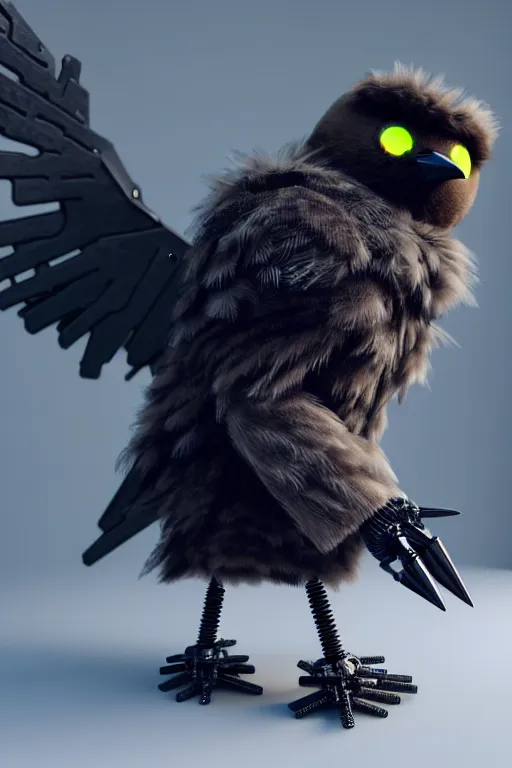 Image similar to high quality 3 d render very cute fluffy cyborg crow! sings into microphone, cyberpunk highly detailed, unreal engine cinematic smooth, in the style of blade runner & detective pikachu, hannah yata charlie immer, moody light, low angle, uhd 8 k, sharp focus