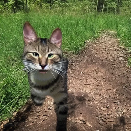 Prompt: trailcam footage of a catgirl